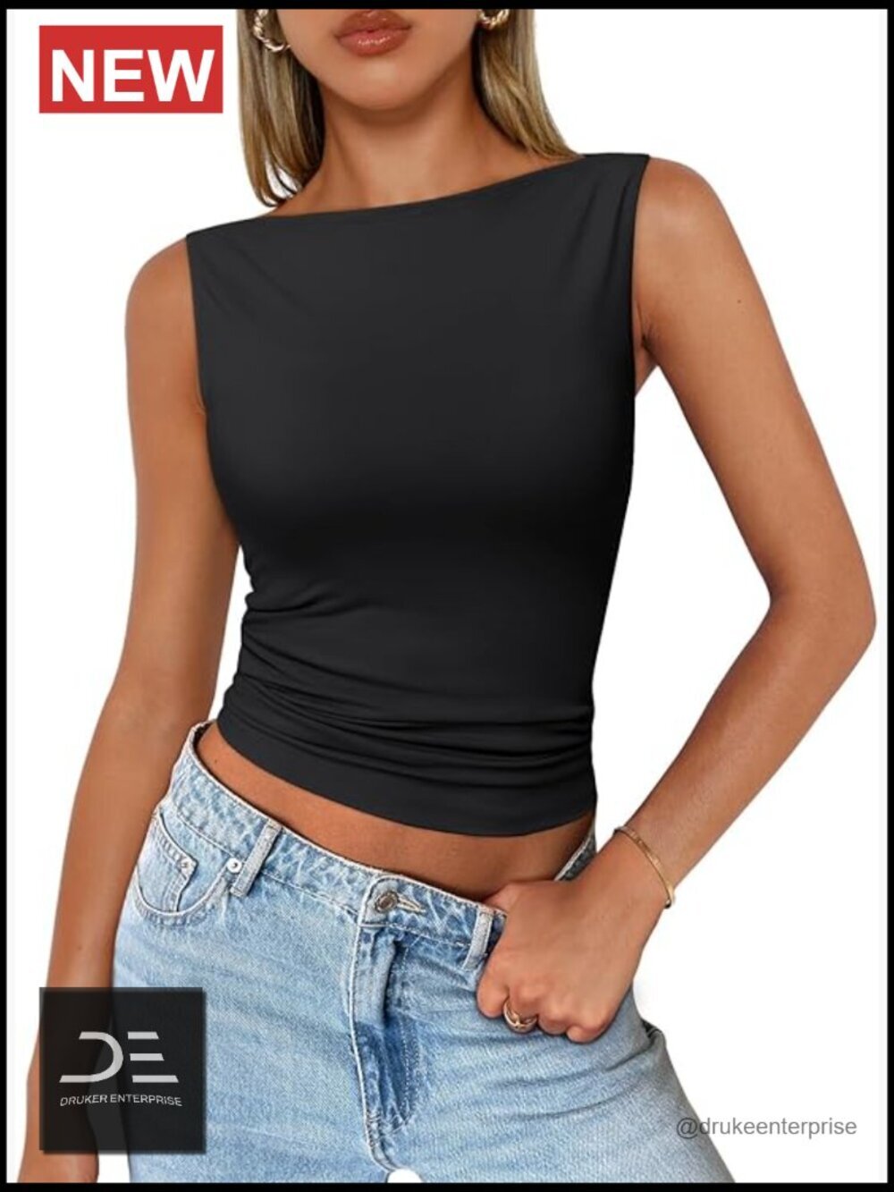 Trendy Sleeveless Boat Neck Tank Top Summer Going Out Cute Top Nylon Spandex